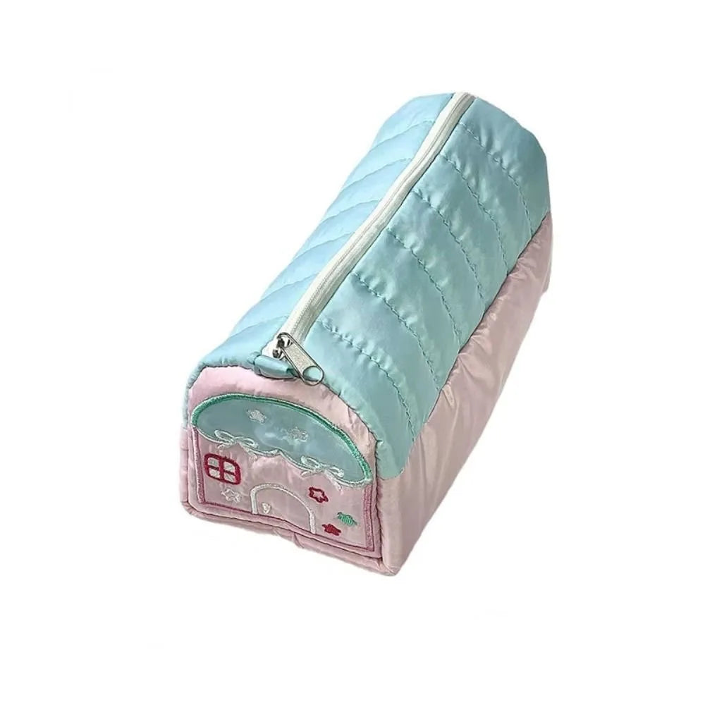 Cute House Shaped Pencil Cases Large Capacity Multi Layer Pen Stationery Storage Bags Creative Embroidery Student Cosmetic Pouch Peaceful Pleasures Health and Wellness Pink-Green