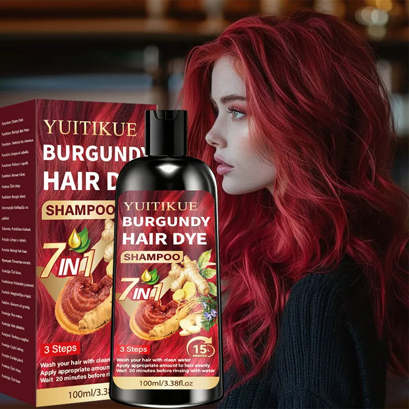 YUITIKUE 7 IN 1 Burgundy Hair Dye Shampoo Natural Ginger Herbal Long Lasting Moisturizing At‑Home Hair Color Shampoo 100ml Peaceful Pleasures Health and Wellness