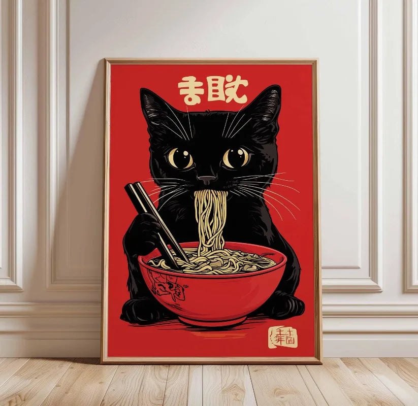 Black Cat Ramen Japanese Food Noodle Ginger Cat Poster Print Wall Art Pictures Canvas Painting Living Room Home Wall Decoration Peaceful Pleasures Health and Wellness