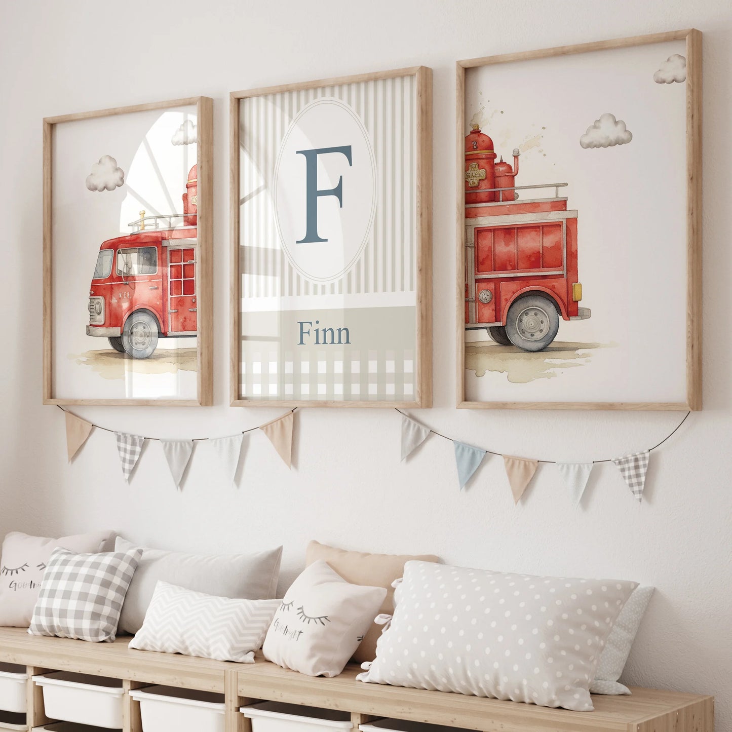 Personalized Fire Truck Canvas Wall Art Set – Kids Room Decor