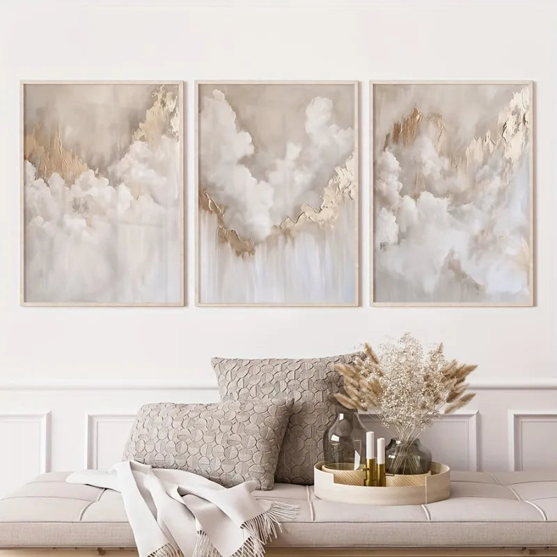3pcs Beige Art Triptych Prints, Golden Cloud Abstract Modern Wall Art, Unframe Soft Tone Artwork, Romantic Art Poster Room Decor Peaceful Pleasures Health and Wellness
