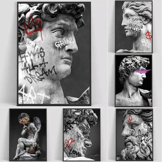 Statue of David Graffiti Art Canvas Print | Street Wall Art Canvas Wall Art Peaceful Pleasures Health and Wellness
