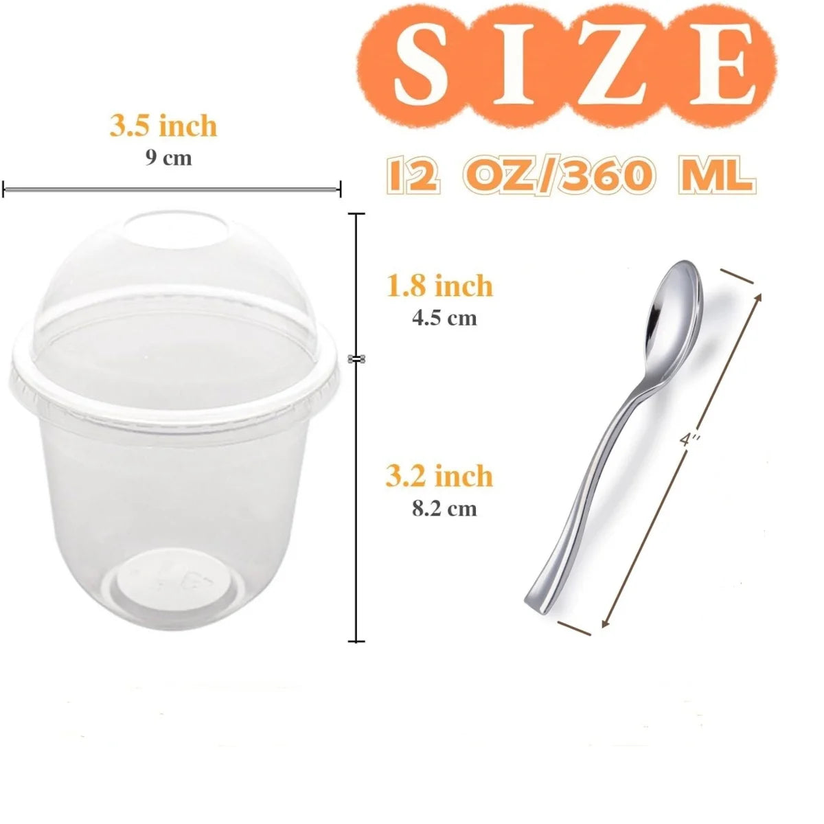 360ml Clear Plastic Cups with Dome Lids and Sporks No Hole Disposable Fruit Cups for Dessert Cupcake Parfait Pudding Ice Cream Peaceful Pleasures Health and Wellness Silver 50pcs