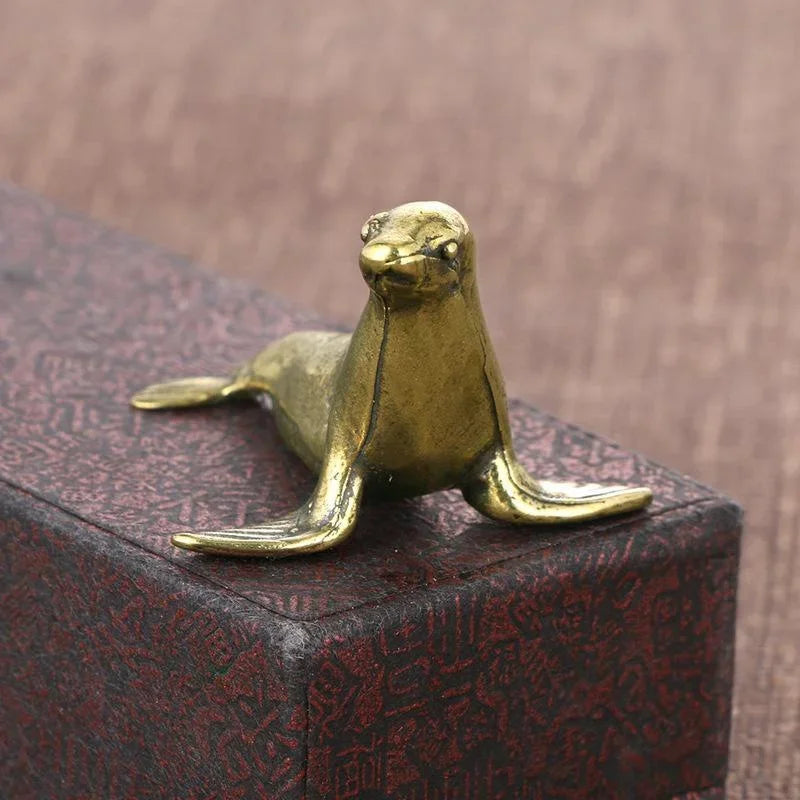 Brass Sea Seal Figurine Retro Mini Animal Ornament Desktop Craft Home