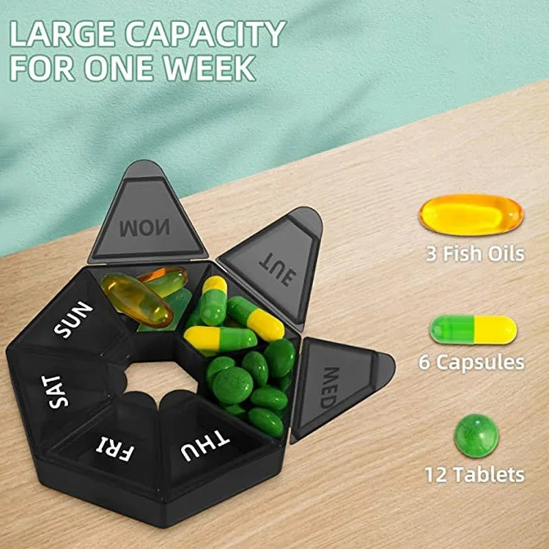 Weekly 7-day Pill Organizer Portable Travel Pill Box Multifunctional Small Medicine Case Black Peaceful Pleasures Health and Wellness