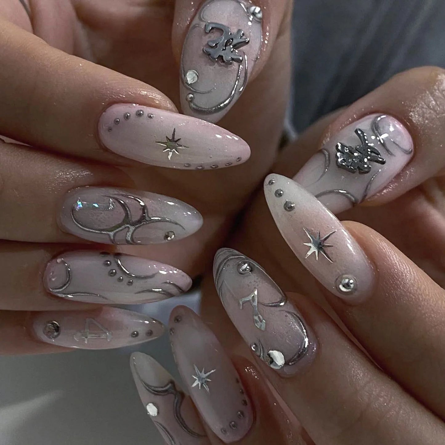 24pcs 3D Flower Press On Nails | Purple Aurora Almond Shape