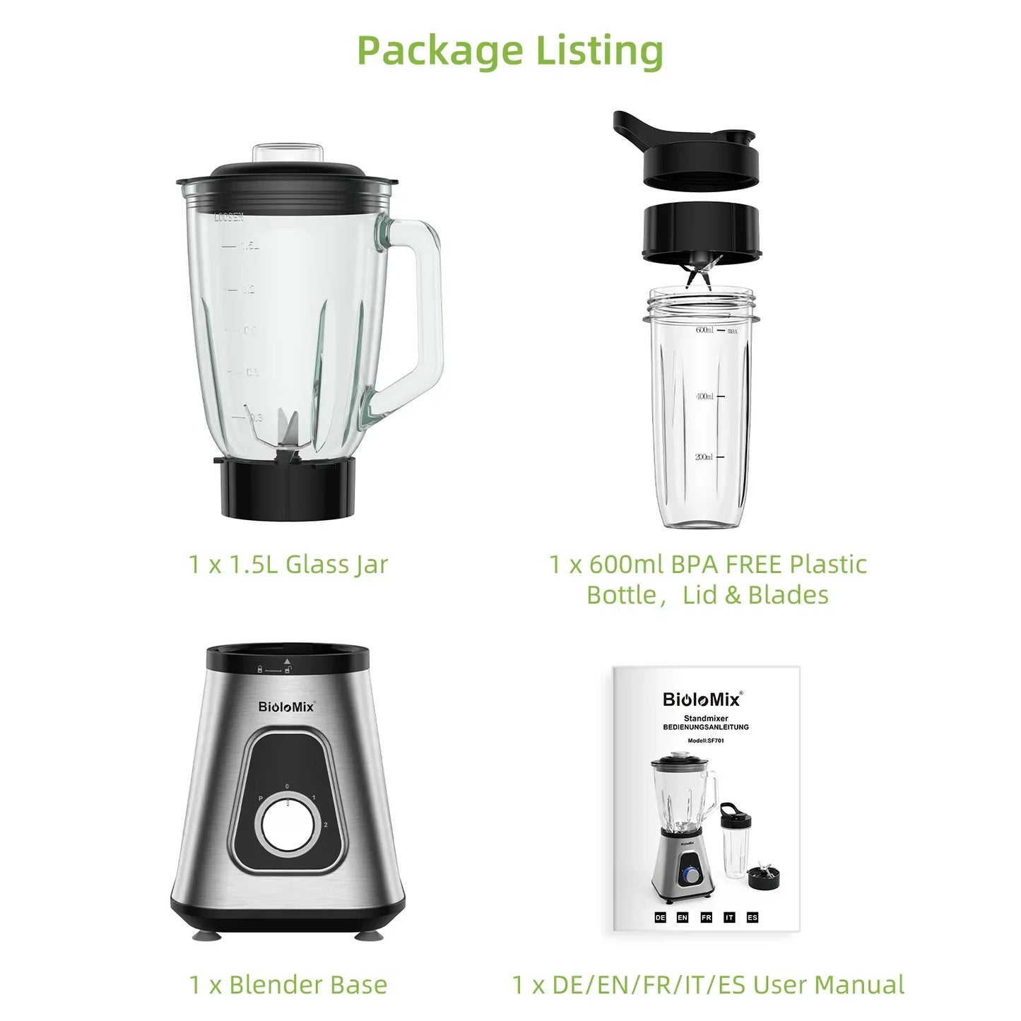BioloMix 1300W 2-in-1 Blender – 1.5L Glass Jar & Travel Cup Blender BioloMix