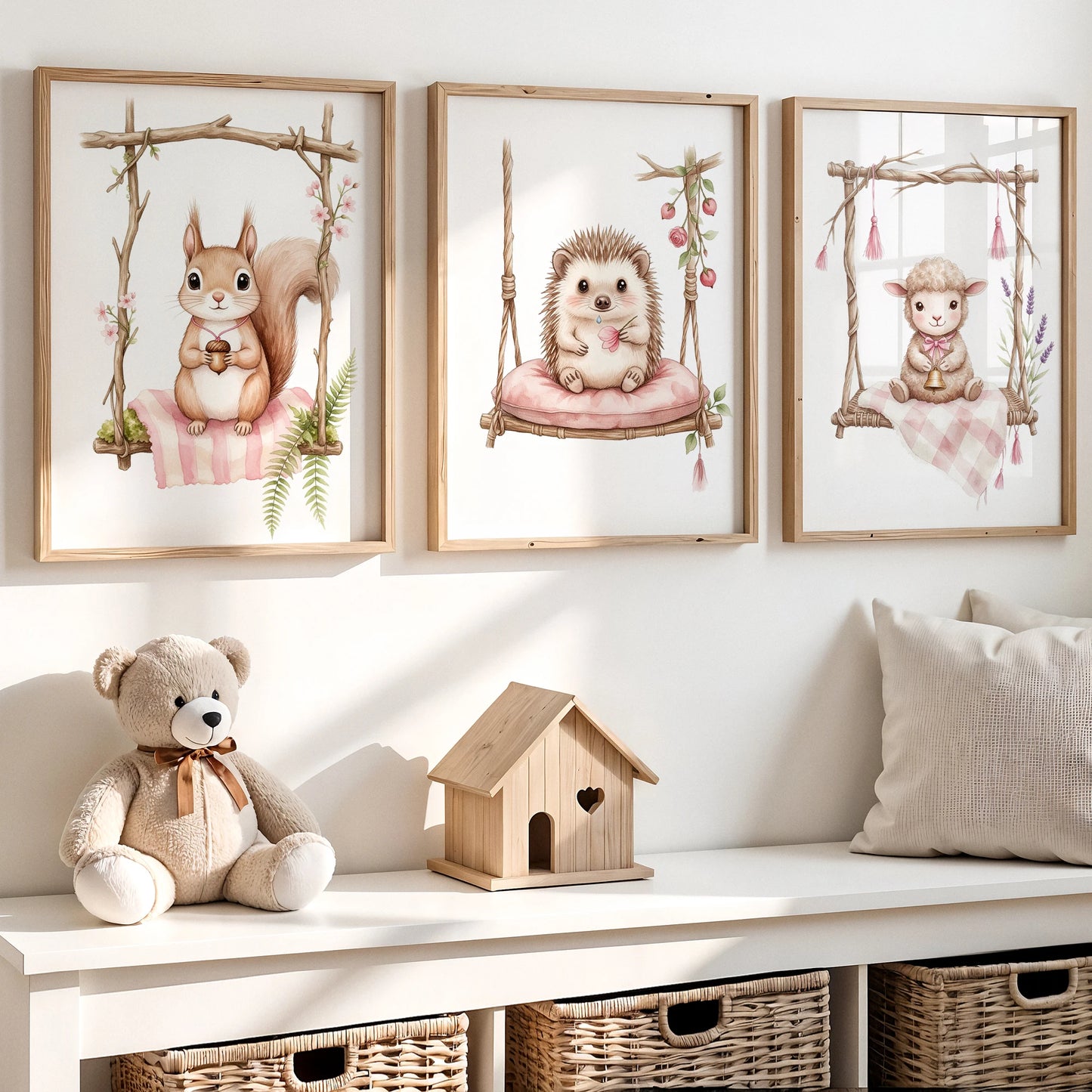 Cartoon Animals Pink Swing Watercolor Canvas Wall Art Kids Room