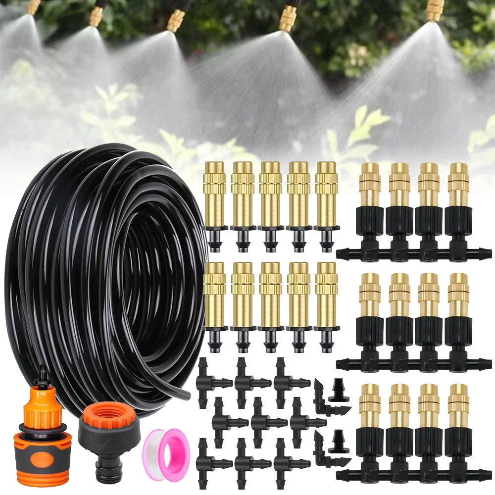 10M-30M Outdoor Misting Cooling System 4/7mm Hose for Patio Greenhouse Garden Irrigation Watering 1/4'' Brass Atomizer Nozzles Peaceful Pleasures Health and Wellness