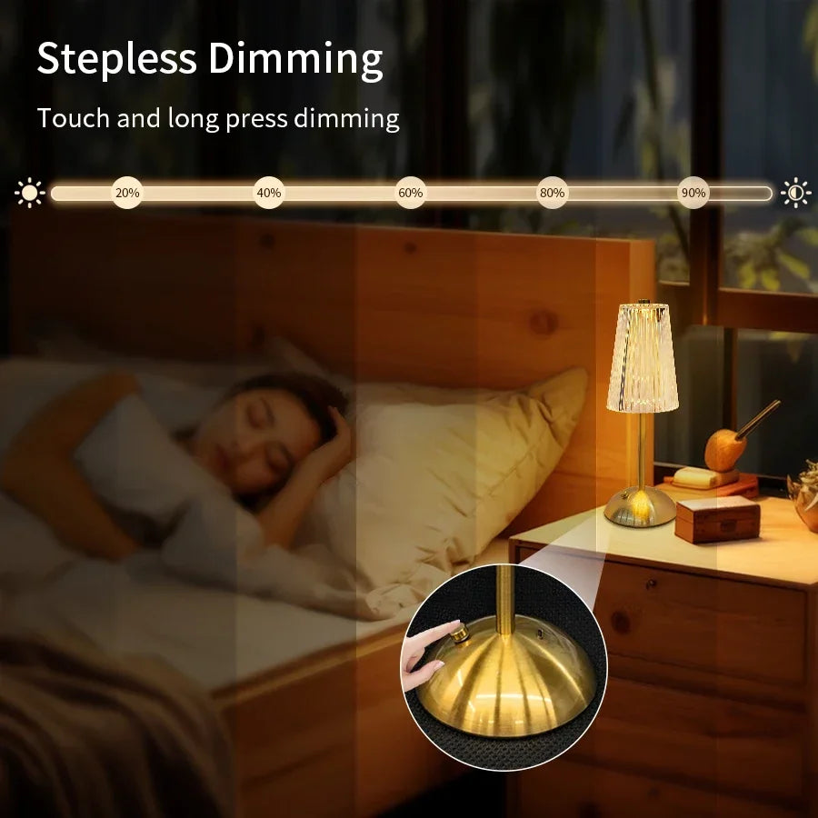 Rechargeable Crystal LED Table Lamp – 3-Color Dimmable Touch