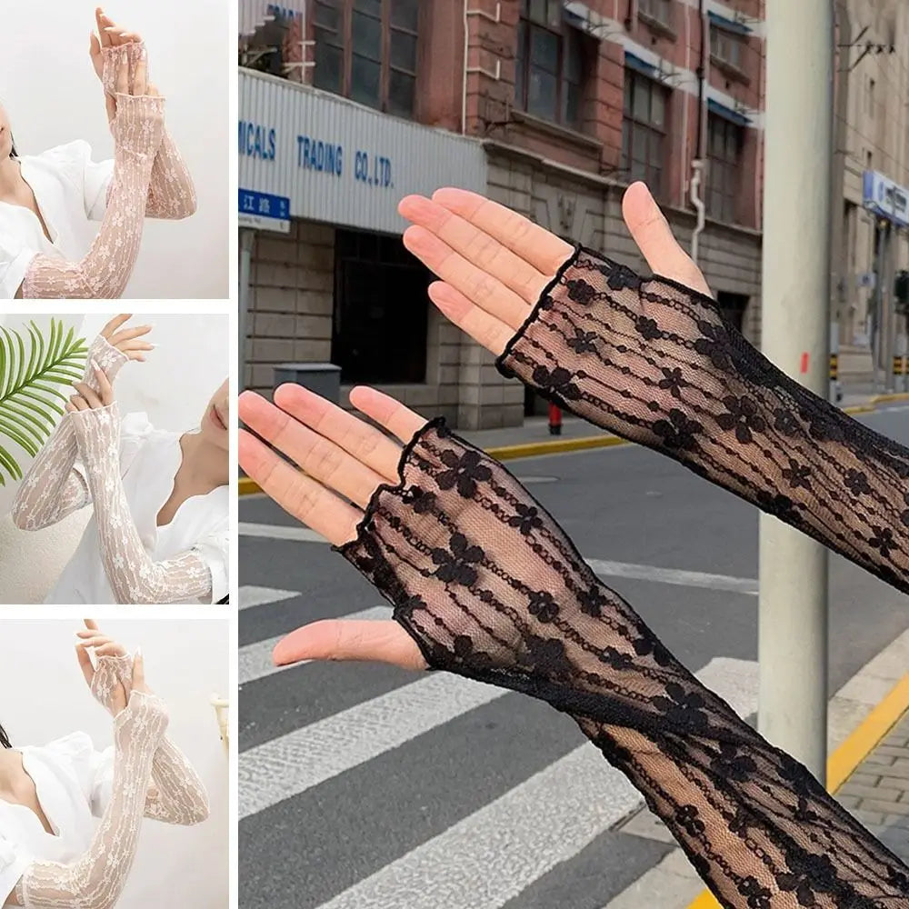 Women's Lace UV Arm Sleeves – Fingerless Sun Cover Gloves