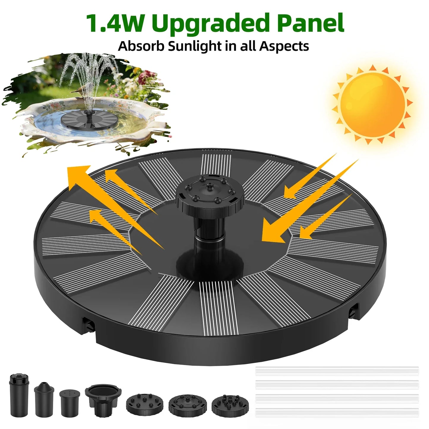 1.4W Solar Bird Bath Fountain Pump – 6 Nozzles & Crash Bars