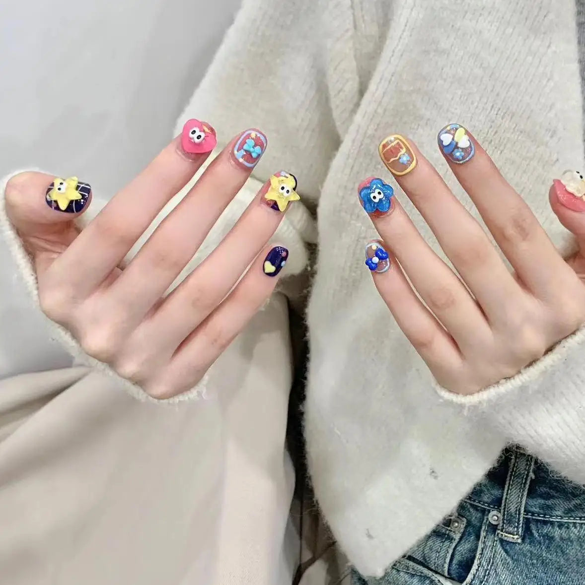 Handmade Press on Nails Cartoon Resin Star Cloud Decor False Nail Tips for Girls Wearable Sweet Short Fake Nail Patches 10pcs Peaceful Pleasures Health and Wellness