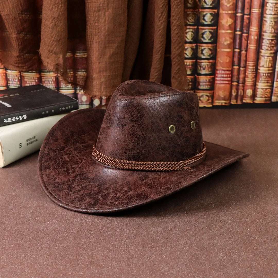 Vintage Faux Leather Western Cowboy Hat Wide Brim Retro Cowgirl Chin