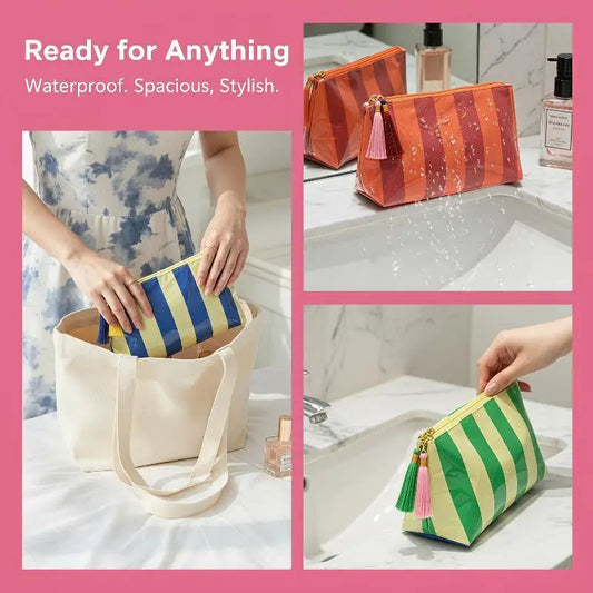 Waterproof Striped PVC Cosmetic Bag with Tassel Zipper Cosmetic Travel Bag Oasis Select