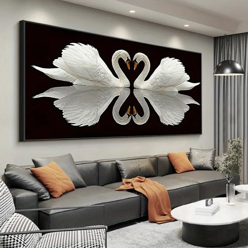 Modern Classic Art Deco Swan Wall Art Unframed Canvas Print with Black Background White Swans, High-Quality Indoor/Outdoor Decor Peaceful Pleasures Health and Wellness