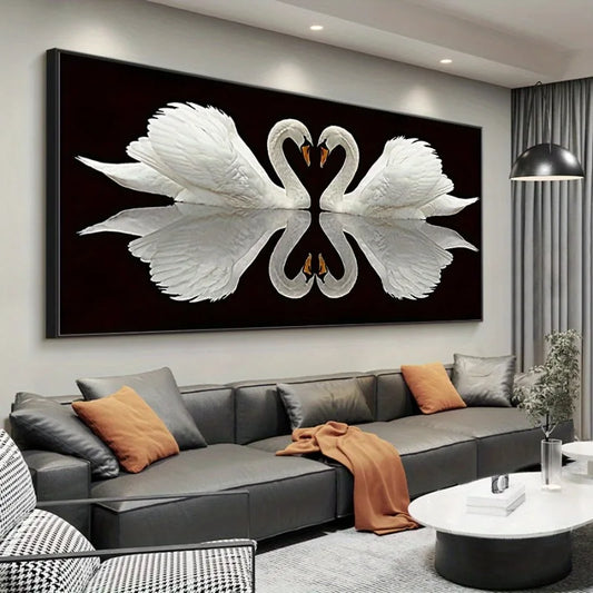 Modern Classic Art Deco Swan Wall Art Unframed Canvas Print with Black Background White Swans, High-Quality Indoor/Outdoor Decor Peaceful Pleasures Health and Wellness