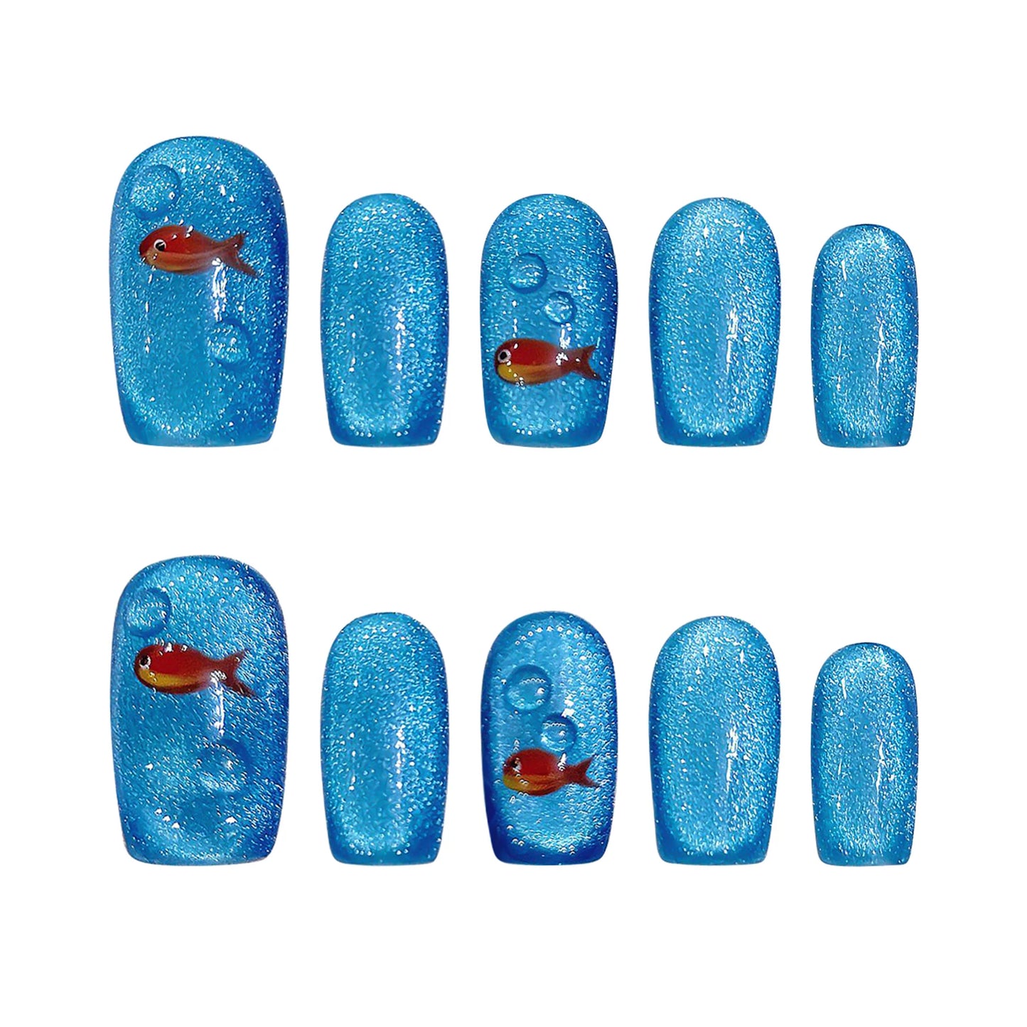 Handmade Press On Nails Goldfish Glitter Blue Cat Eye Ballet 10pc