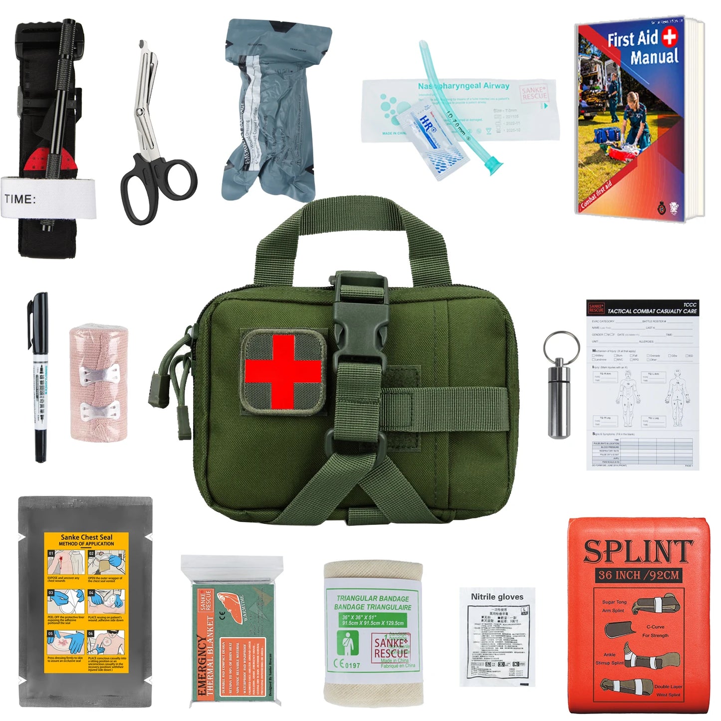 IFAK Trauma Kit First Aid Medical Pouch Emergency Tourniquet Chest Seal Survival Gear Equipment with Molle Car Travel Hiking Peaceful Pleasures Health and Wellness Army green Suit