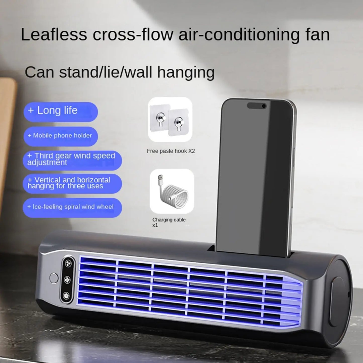 Desktop Tower Fan with Phone Stand | 3-Speed Rechargeable Fan