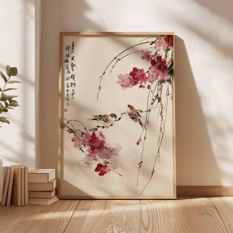 Chinese Cherry Blossom & Bird Canvas Wall Art Print