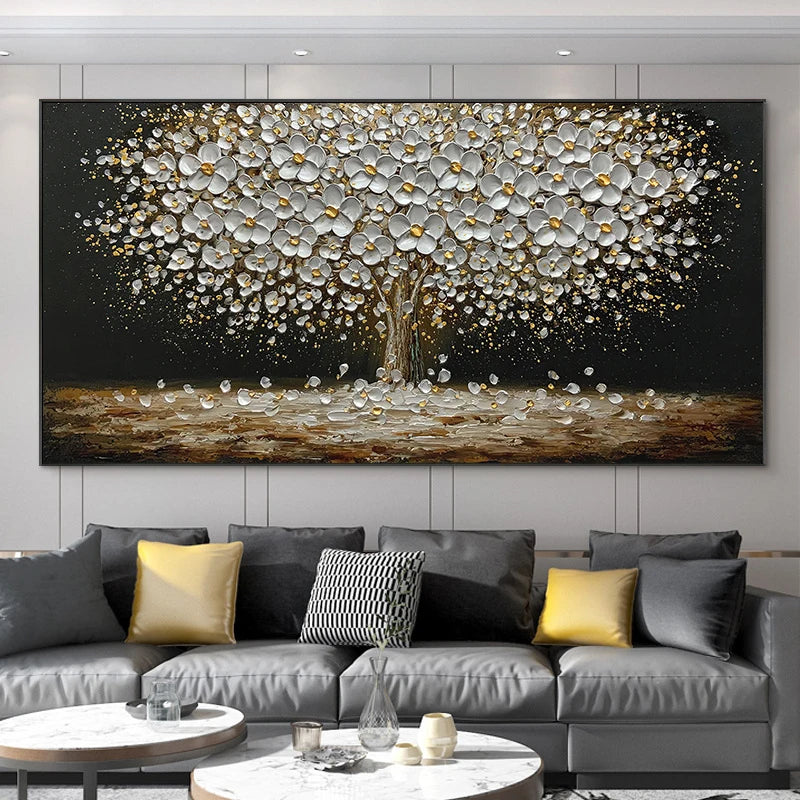 Abstract Leaves Oil Painting Print On Canvas Texture Golden and Silver Trees Wall Art Modern Home Decor Living Room Wall Decor Peaceful Pleasures Health and Wellness w4029 tree-2 50x100cm