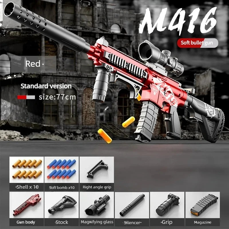 Children's M416 Manual Loading Toy Submachine Gun Assault Rifle Model Fires Soft Bullets Action for Boys Peaceful Pleasures Health and Wellness Red-1