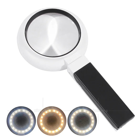 Rechargeable Magnifier Handheld Desktop 6X 8X 16X Magnifying Glass with Three Color Led Lights for Reading Peaceful Pleasures Health and Wellness Battery version 65mm