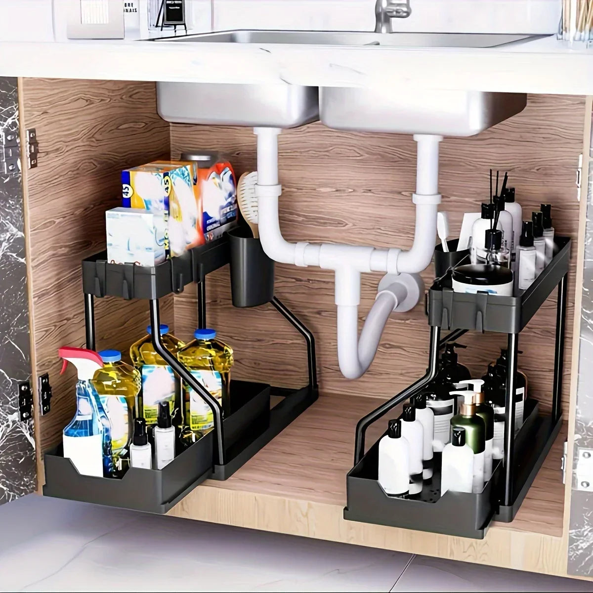 Double Layer Pull-Out Cabinet Organizer Rack | Kitchen Storage