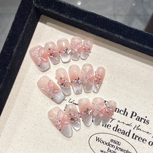 Handmade Press on Nails Sweet Pink Butterfly French Cat Eye Fake Nails Wearable Full Cover Shiny Love Korean Style Fake Nails Peaceful Pleasures Health and Wellness