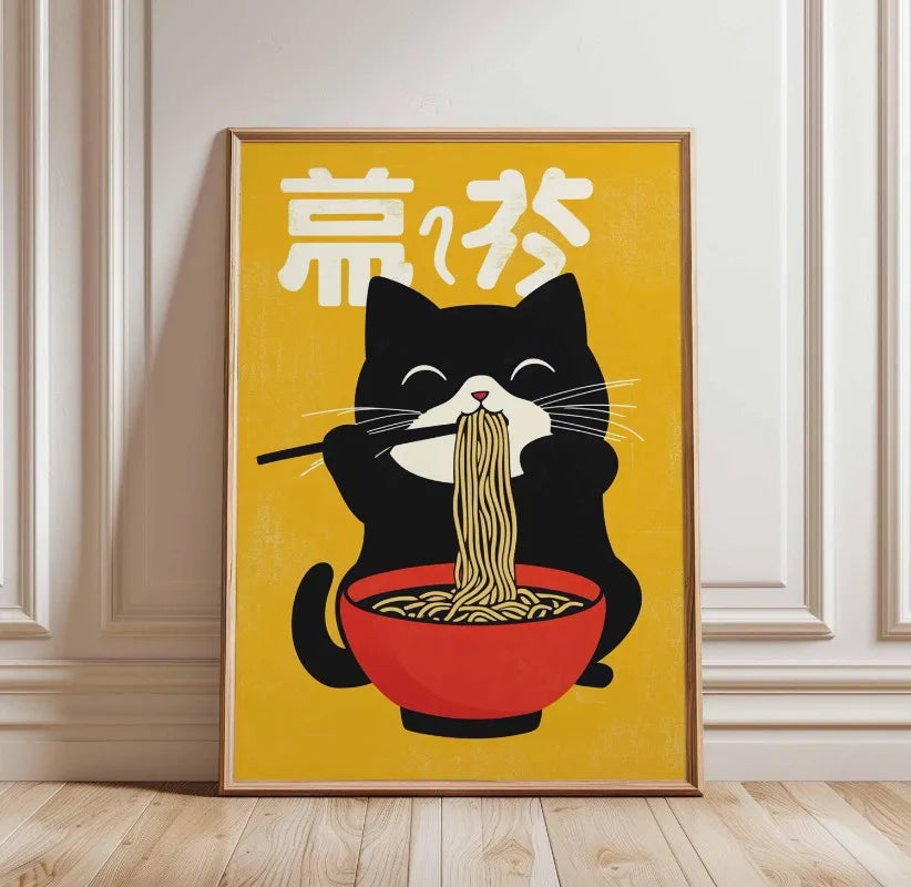 Black Cat Ramen Japanese Food Noodle Ginger Cat Poster Print Wall Art Pictures Canvas Painting Living Room Home Wall Decoration Peaceful Pleasures Health and Wellness