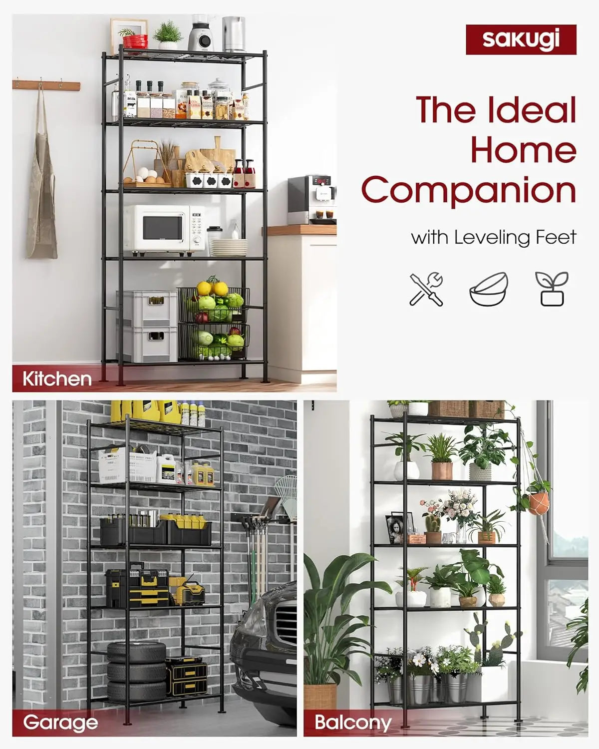 Black metal shelving unit with various items in a kitchen, garage, and balcony setting, featuring the brand 'sakugi'.
