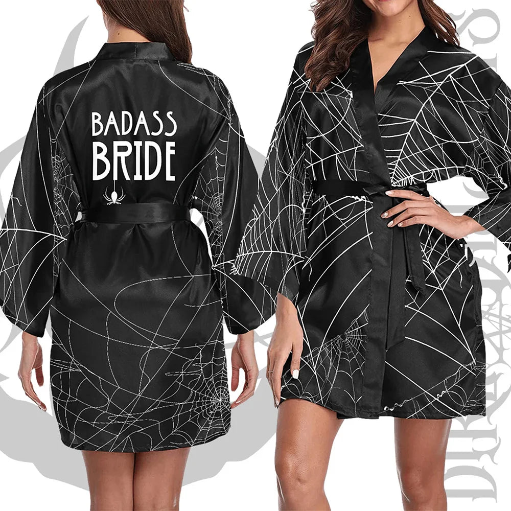 Gothic Bachelorette Satin Robe | Goth Bridal Kimono Gift Bridal Party Robe Peaceful Pleasures Health and Wellness