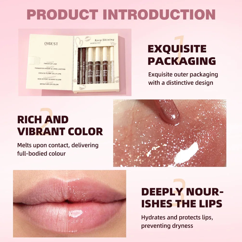 QIBEST 6 PCS Lip Color Makeup Sets Include 2*Lipliner,1 Matte Liquid Lipstick,2 Mirror Lip Glaze And 1 Transparent Lip Oil Balm Peaceful Pleasures Health and Wellness