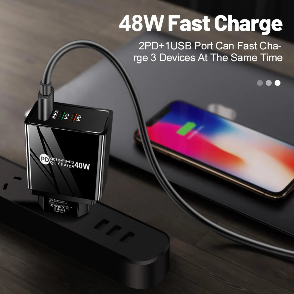 40W 3-Port Fast Charger QC3.0 & Dual PD USB-C Wall Adapter