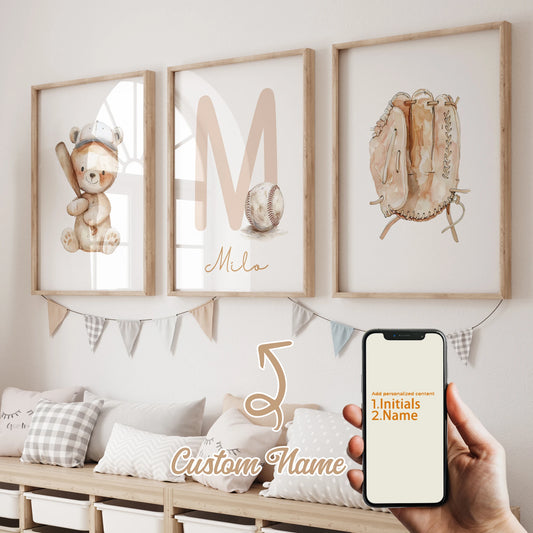 Personalized Bear Baseball 3-Piece Canvas Wall Art | Kids Decor Personalized Canvas Art Peaceful Pleasures Health and Wellness GA-N039-3pcs 60x80cm Unframed