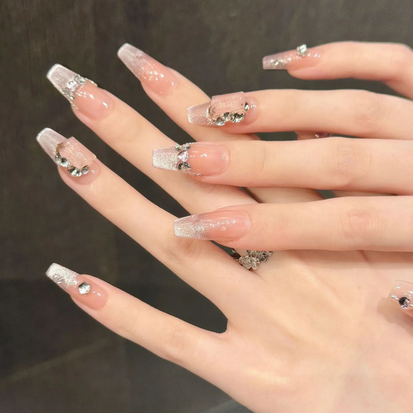 Pink Rhinestone Press On Nails – French Cat Eye 10pcs Set