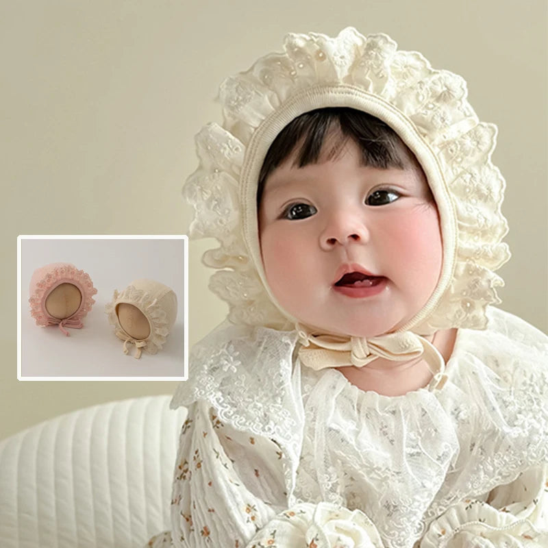 Baby Girl Lace Ruffle Bonnet Hat | Newborn Photo Prop Cap