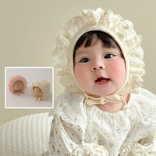 Baby Girl Lace Ruffle Bonnet Hat | Newborn Photo Prop Cap Baby Girl Bonnet Peaceful Pleasures Health and Wellness