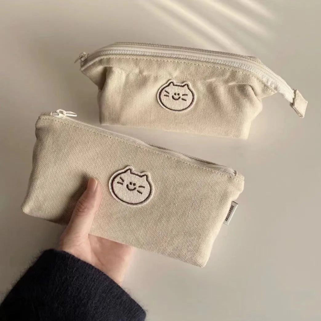 Cat Dog Pencil Case Japanese Style Large Capacity Simple Minority High Appearance Korean Canvas Exquisite Stationery Storage Bag Peaceful Pleasures Health and Wellness