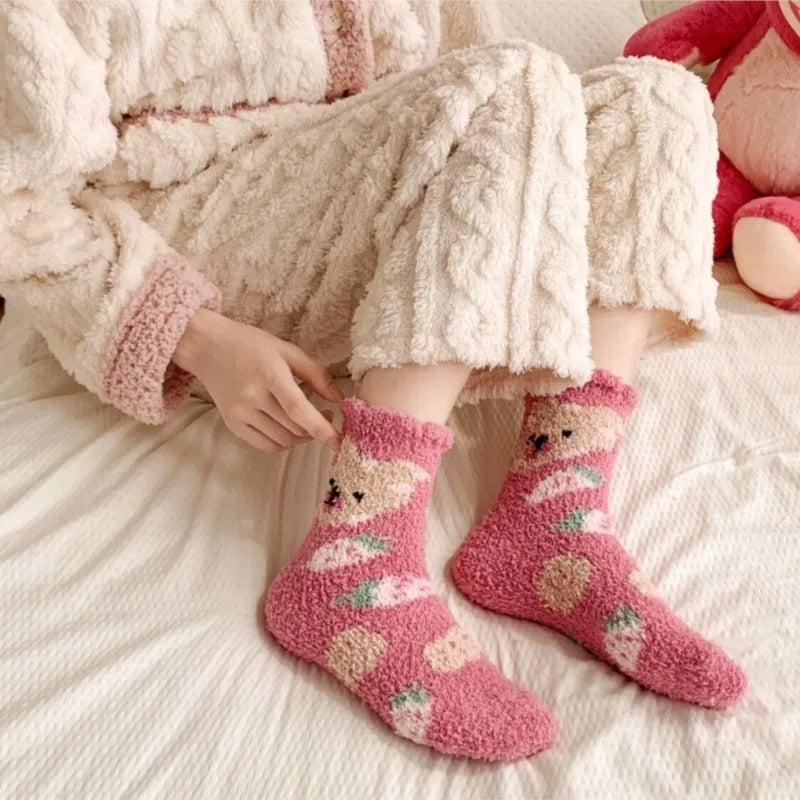 New Fashion Coral Fleece Women Socks Warm Home Floor Socks Strawberry Bear Socks Mid Tube Sleep Socks Plush Socks Added Fleece Peaceful Pleasures Health and Wellness