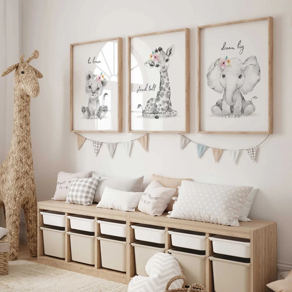 3-Piece Safari Animal Canvas Wall Art Girls Kids Room Decor