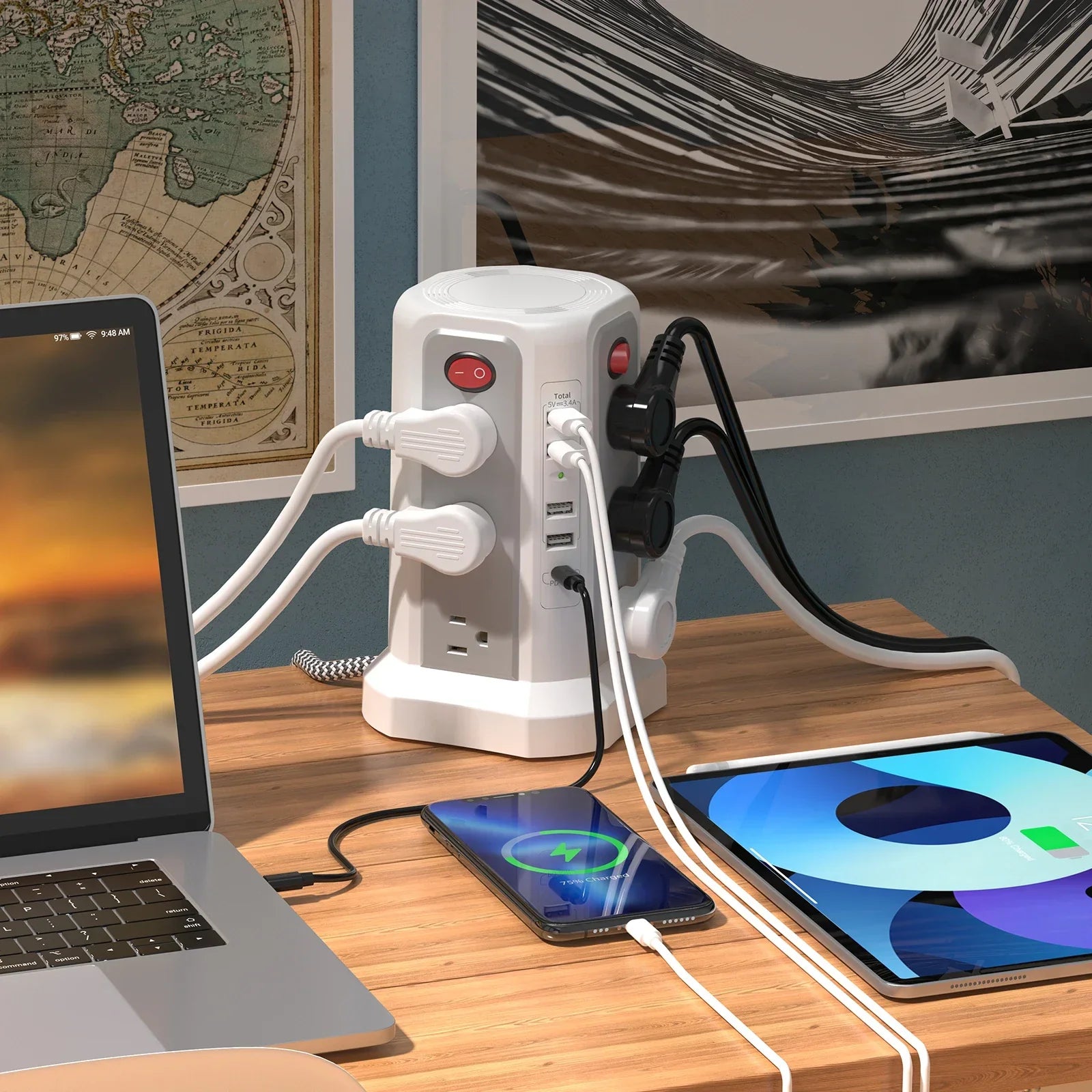 American tower type 1.8m braided extension cord plug-in board with PD20W fast charging port, a must-have for home and office Peaceful Pleasures Health and Wellness