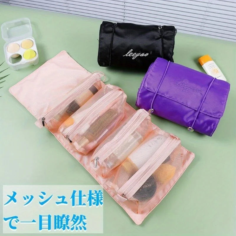 Large capacity makeup storage bag with 4 detachable compartments and foldable hanging makeup bag with hanging ring Peaceful Pleasures Health and Wellness