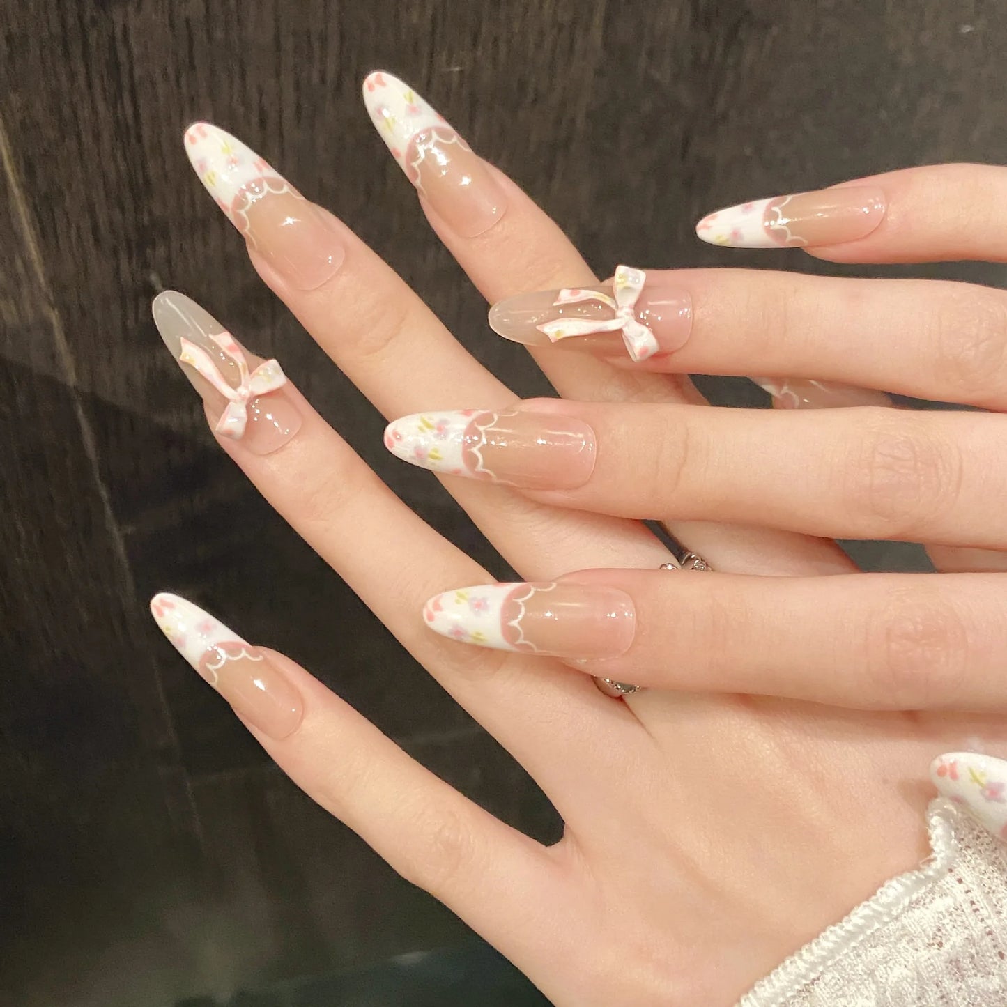 10pcs Handmade Press on Nails with 3d Purple Tulip Flower Fake Nails Wearable Full Cover Long Oval French Bow False Nail Tips Peaceful Pleasures Health and Wellness