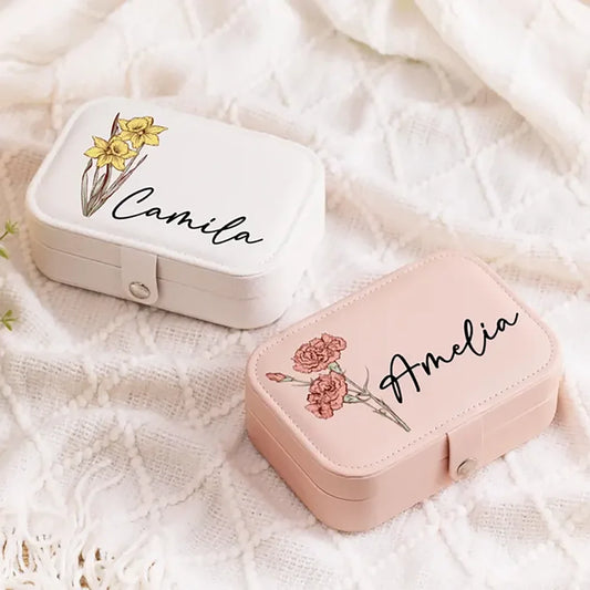 Personalized Birth Flower Travel Jewelry Box | Bridesmaid Gift Jewelry Travel Organizer Peaceful Pleasures Health and Wellness