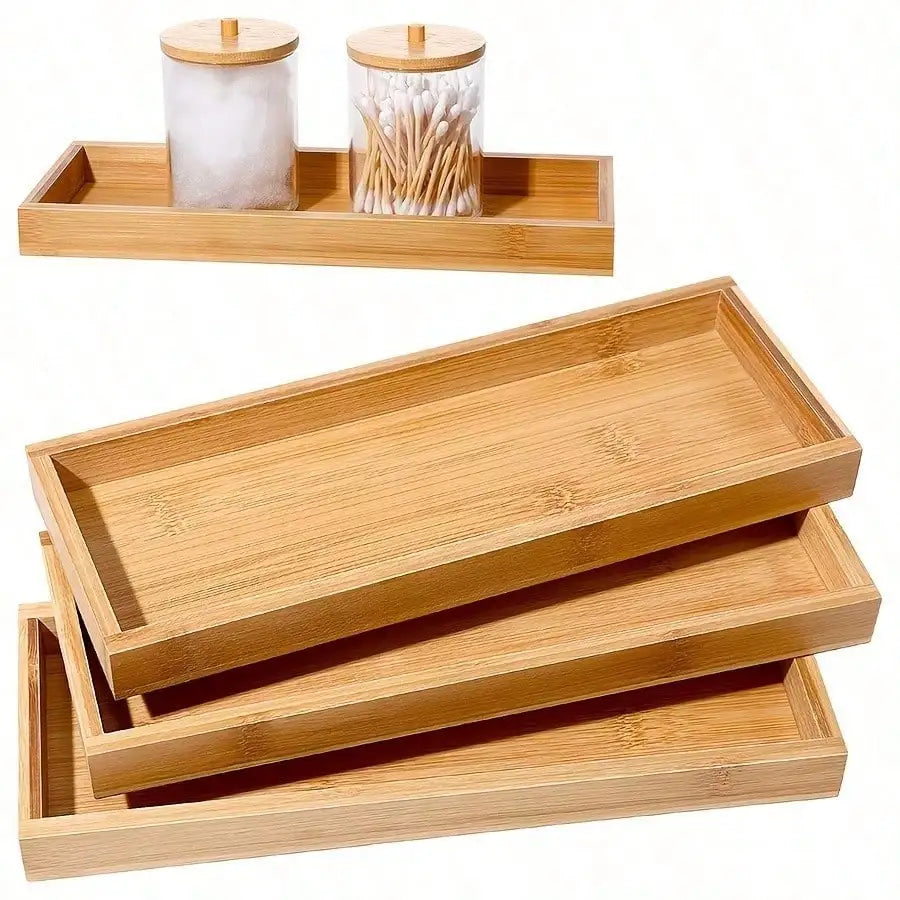 Bamboo Serving Tray & Bathroom Vanity Organizer – Decorative Counter Tray Set