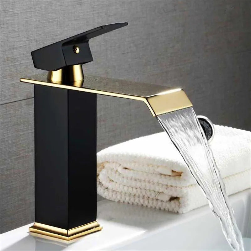 Gold & Black Waterfall Basin Faucet | Brass Bathroom Mixer Tap