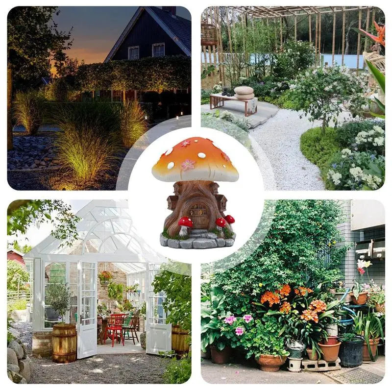 Garden Solar Mushroom Decor LED Light up Solar Figurine Mushroom House Yard Cottage Decoration Outside Resin Statue Waterproof Peaceful Pleasures Health and Wellness