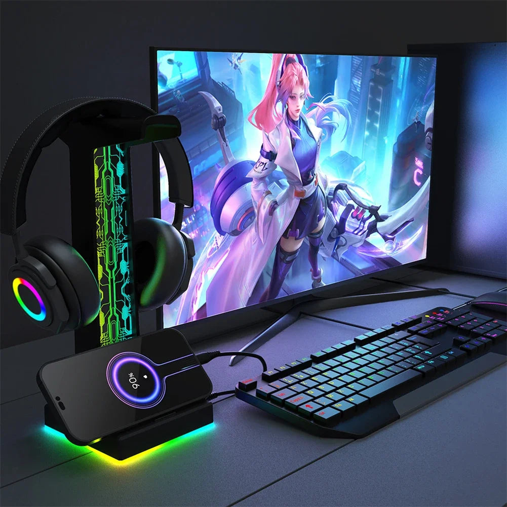 RGB Gaming Headset Stand | 10 Lighting Modes, USB & Audio Port